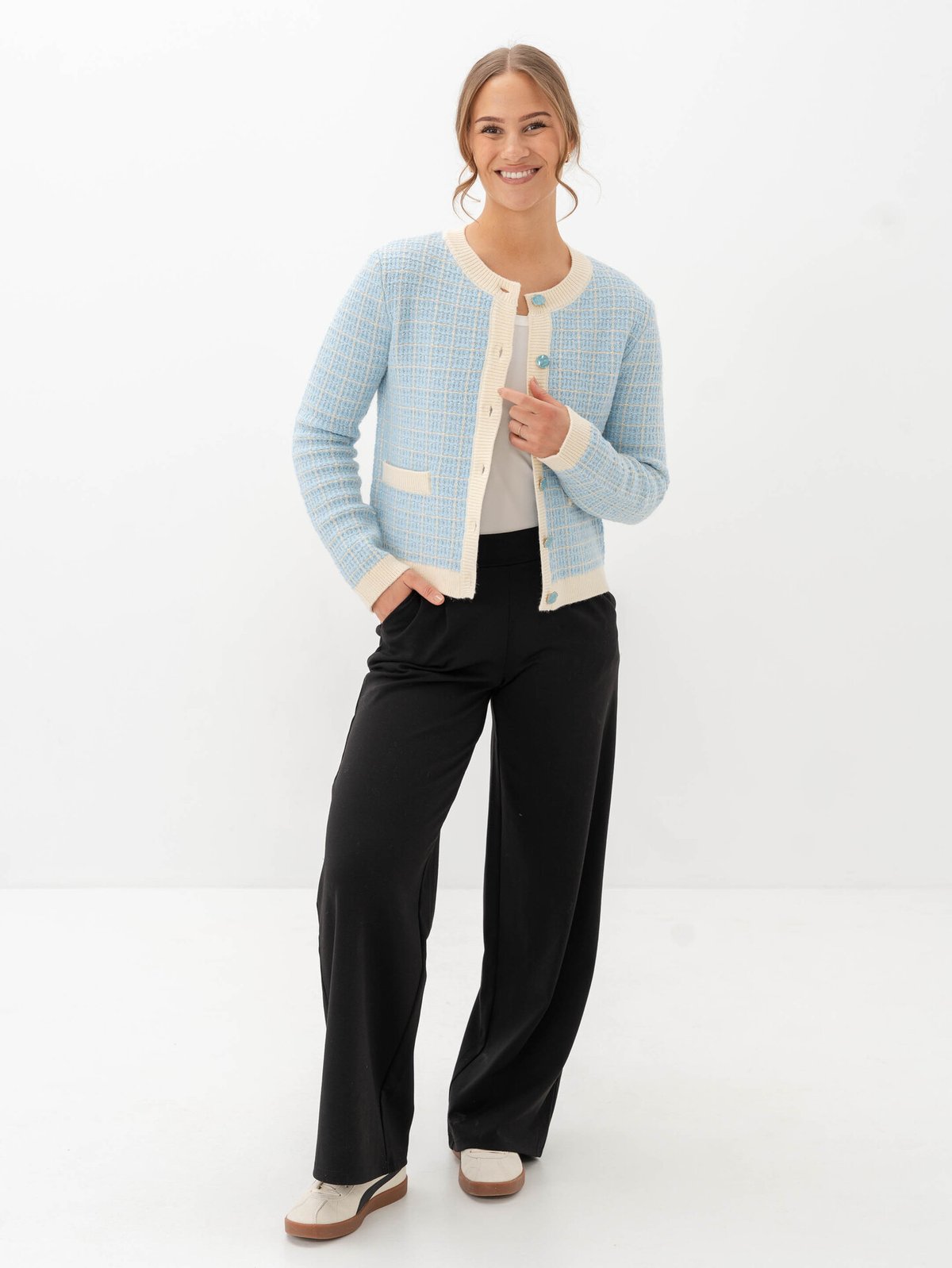 Y.A.S Livia Long Sleeve Short Knit Cardigan Birch / Clear Sky