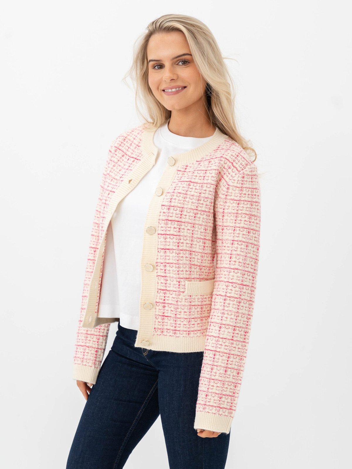 Y.A.S Livia Long Sleeve Short Knit Cardigan Birch Rasberry Sorbet / Pirouette