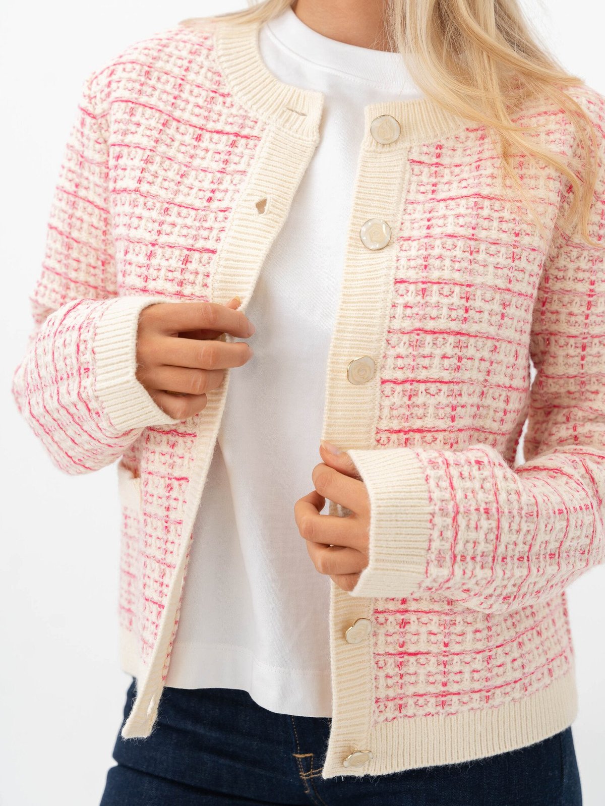 Y.A.S Livia Long Sleeve Short Knit Cardigan Birch Rasberry Sorbet / Pirouette