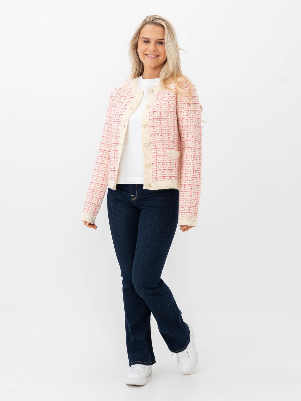Y.A.S Livia Long Sleeve Short Knit Cardigan Birch Rasberry Sorbet / Pirouette