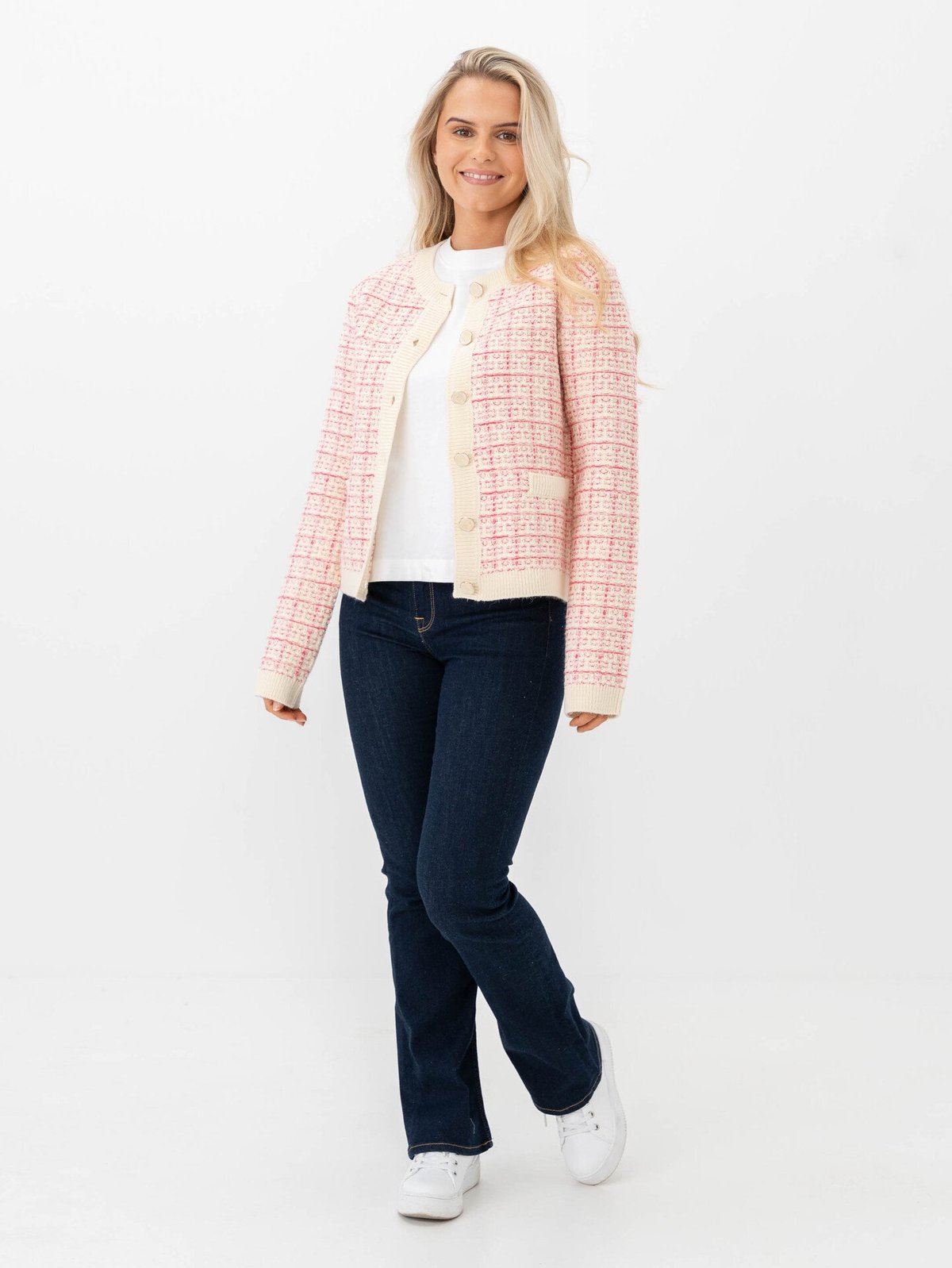 Y.A.S Livia Long Sleeve Short Knit Cardigan Birch Rasberry Sorbet / Pirouette