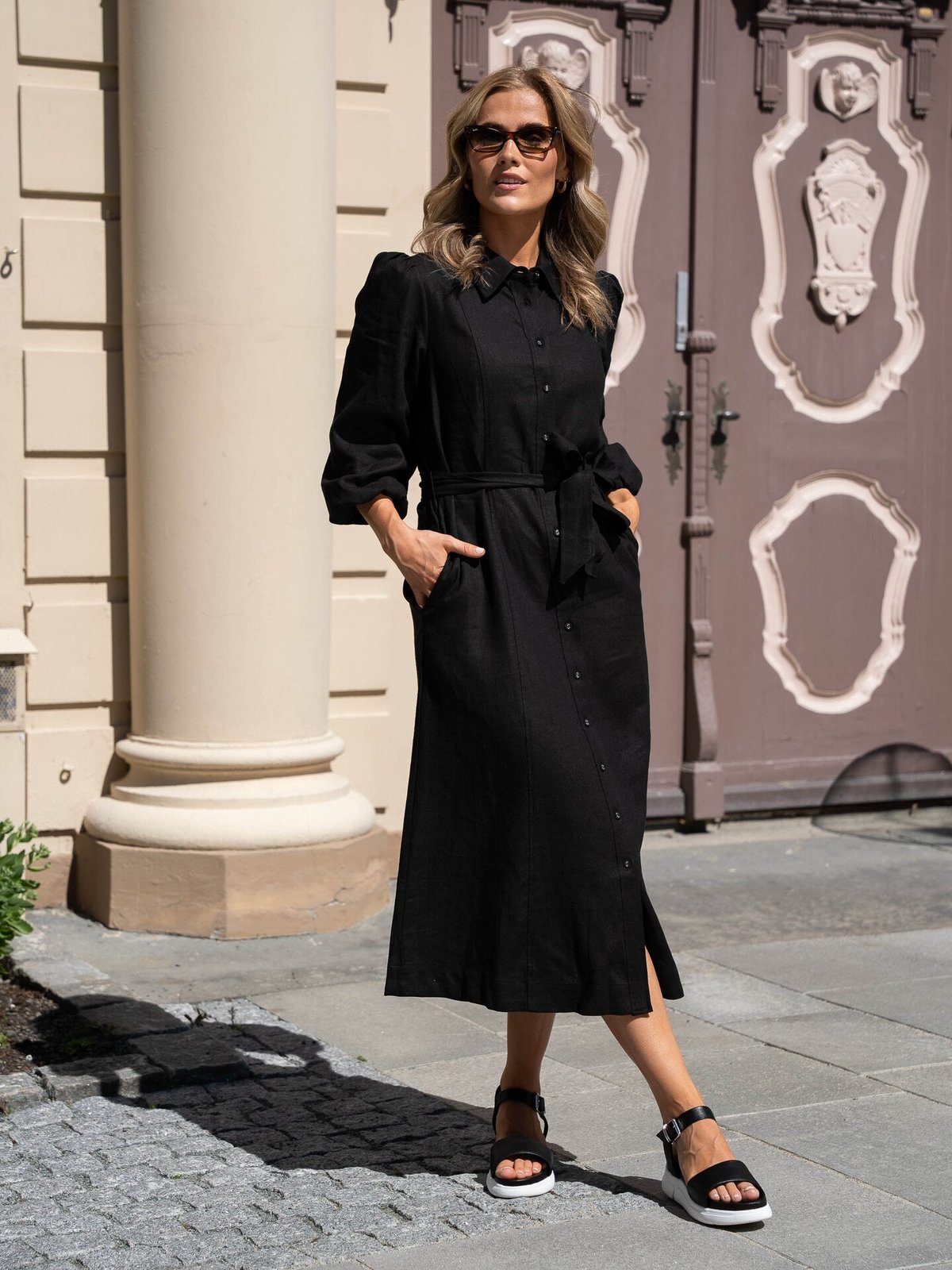 Y.A.S Flaxy 3/4 Linen Shirt Dress Black