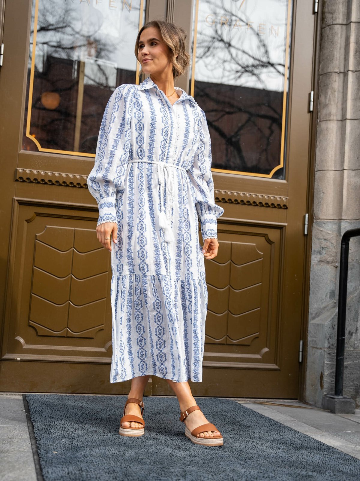 Y.A.S Tovina Long Sleeve Shirt Dress White/ AOP Tovina Print