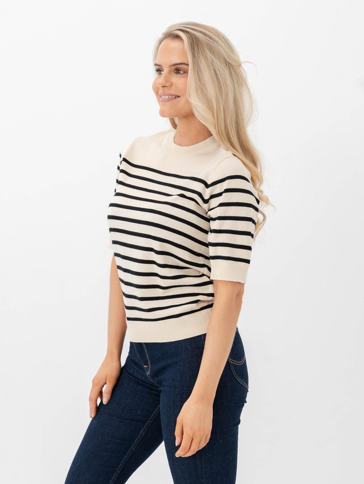 Y.A.S Lena Short Sleeve Knit Pullover Birch / Black Stripes