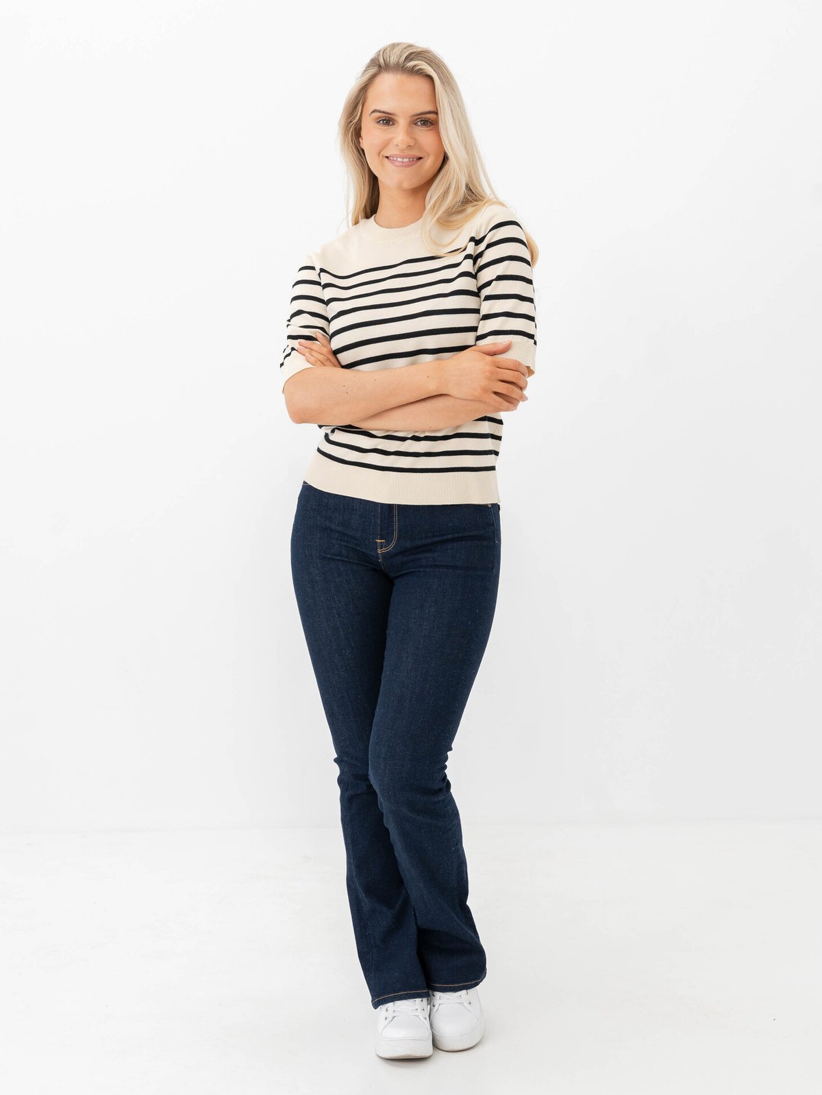 Y.A.S Lena Short Sleeve Knit Pullover Birch / Black Stripes