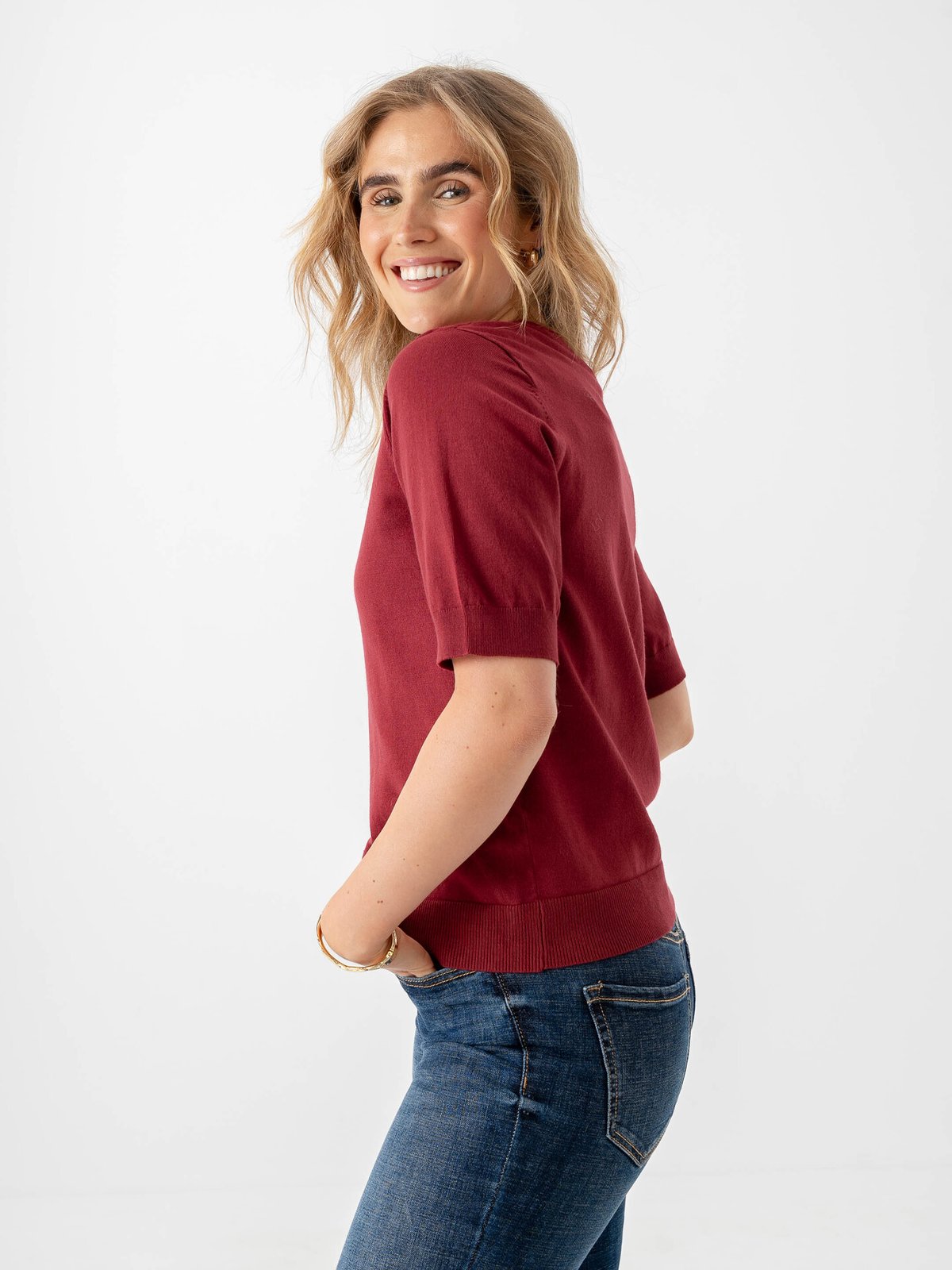 Y.A.S Lena Short Sleeve Knit Pullover Tibetan Red