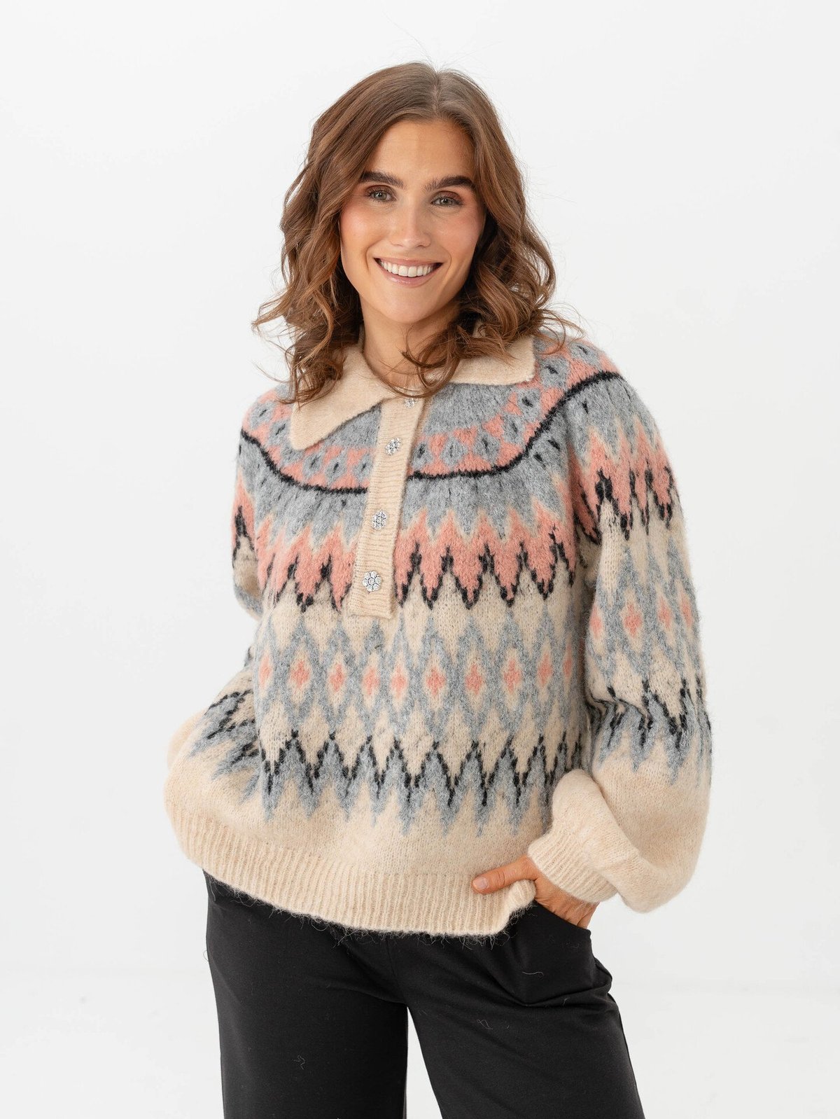 Y.A.S Shima Long Sleeve Knit Pullover Sandshell_Shima Checks