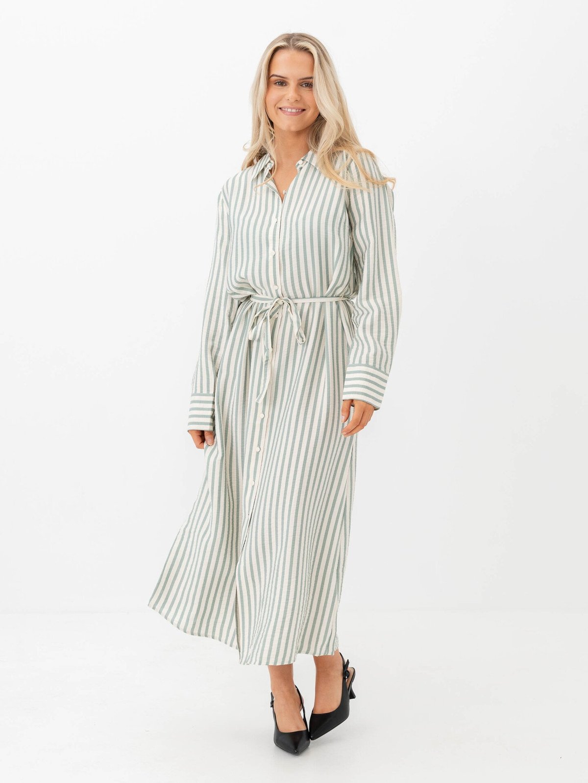 Y.A.S Kaya Long Sleeve Long Shirt Dress Birch Green Stripes