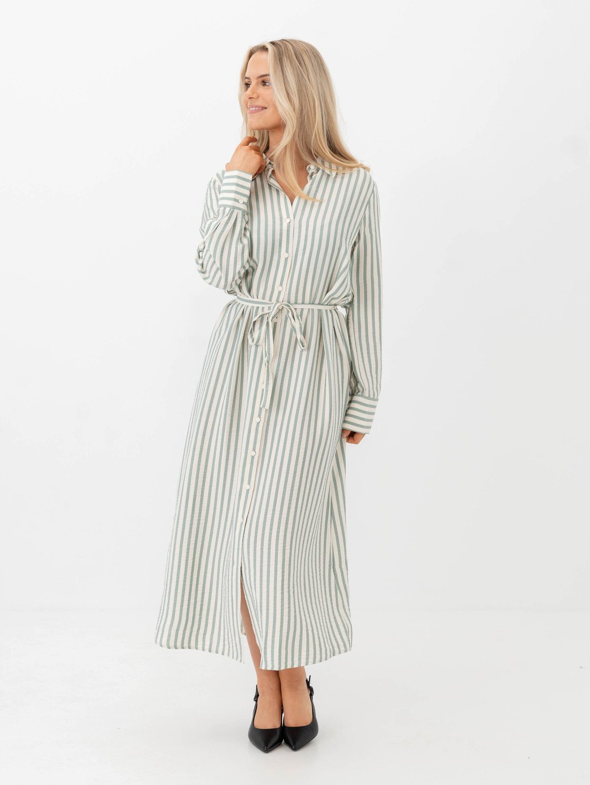 Y.A.S Kaya Long Sleeve Long Shirt Dress Birch Green Stripes