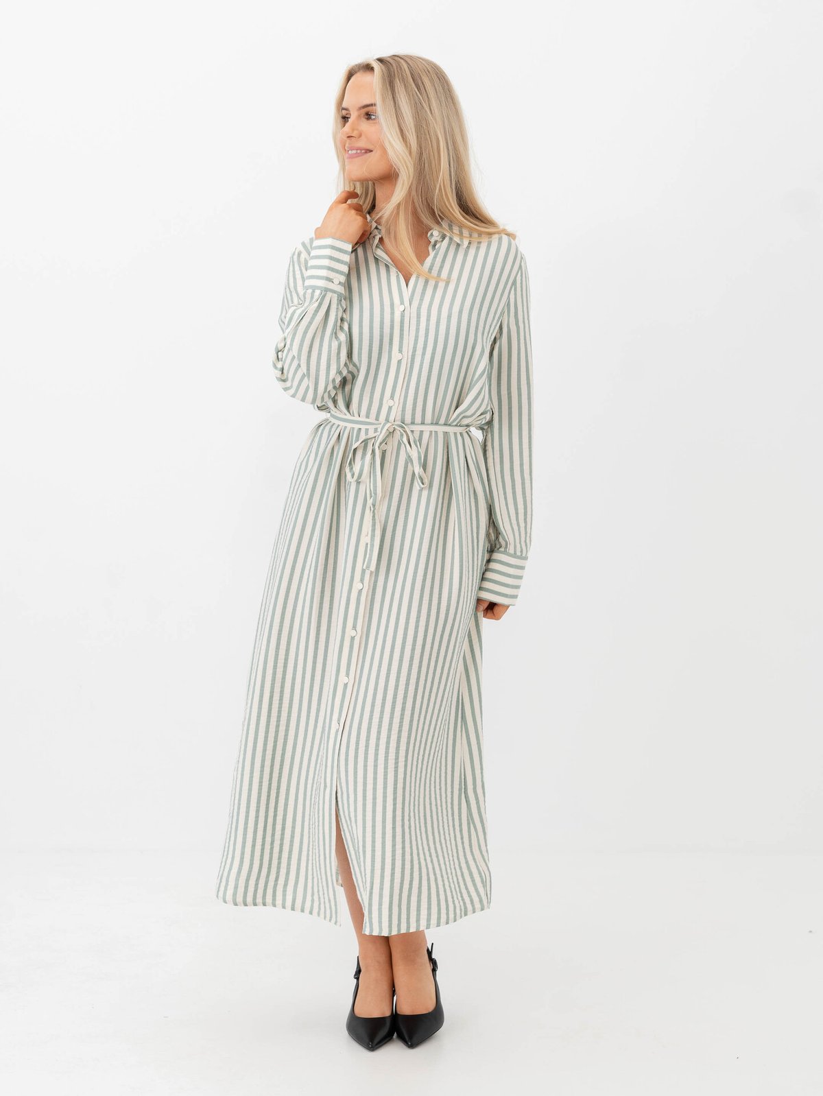 Y.A.S Kaya Long Sleeve Long Shirt Dress Birch Green Stripes
