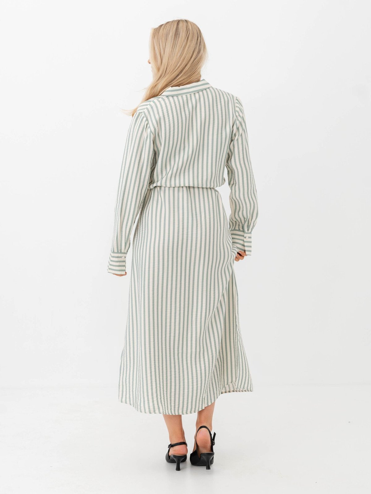Y.A.S Kaya Long Sleeve Long Shirt Dress Birch Green Stripes