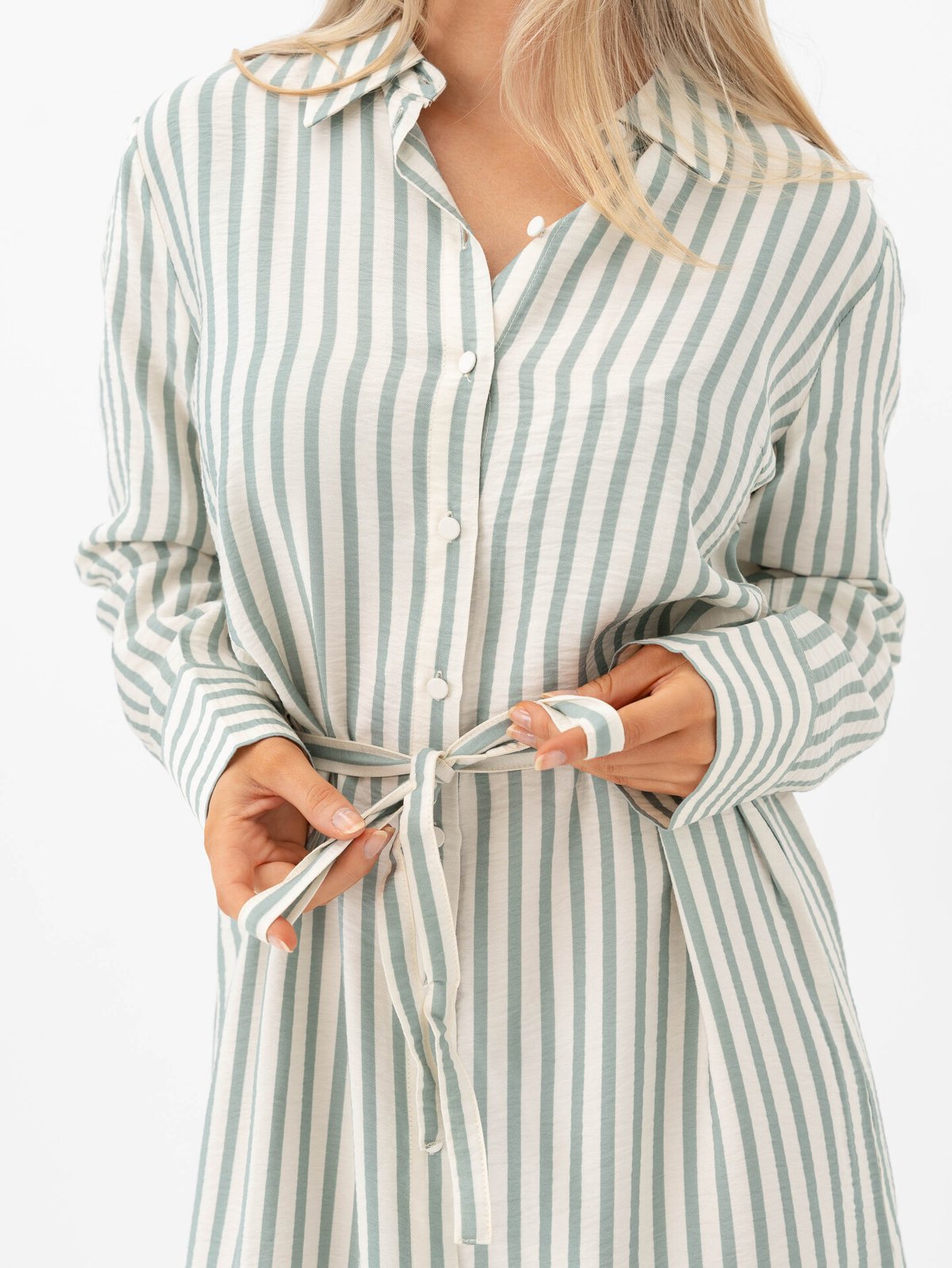 Y.A.S Kaya Long Sleeve Long Shirt Dress Birch Green Stripes