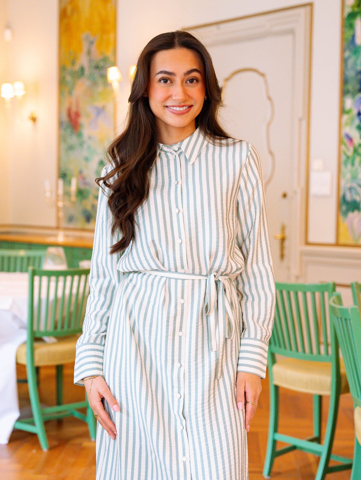 Y.A.S Kaya Long Sleeve Long Shirt Dress Birch Green Stripes