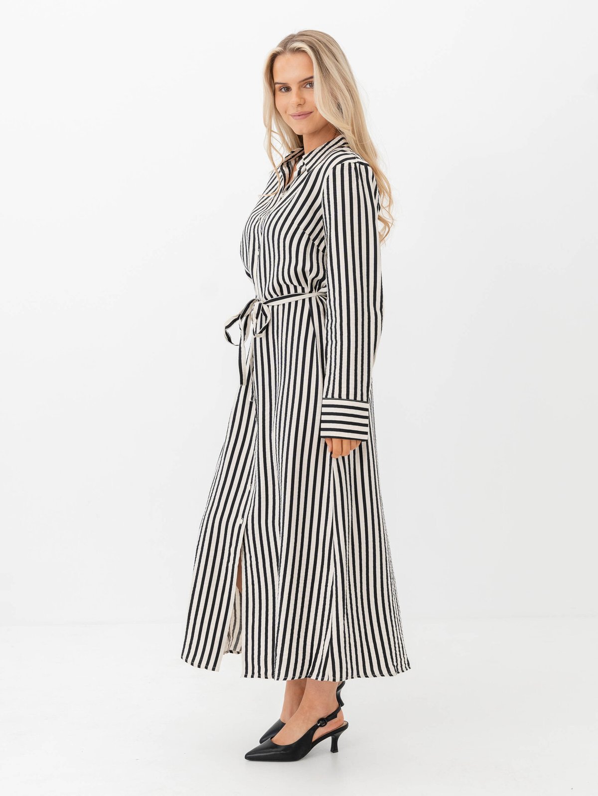 Y.A.S Kaya Long Sleeve Long Shirt Dress Birch Black Stripes