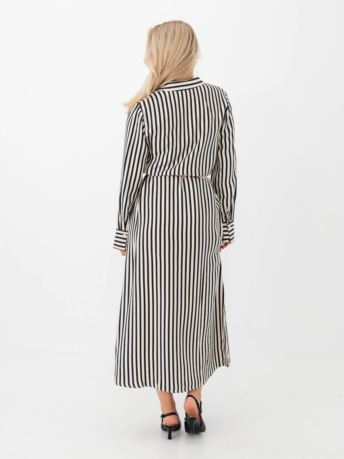 Y.A.S Kaya Long Sleeve Long Shirt Dress Birch Black Stripes