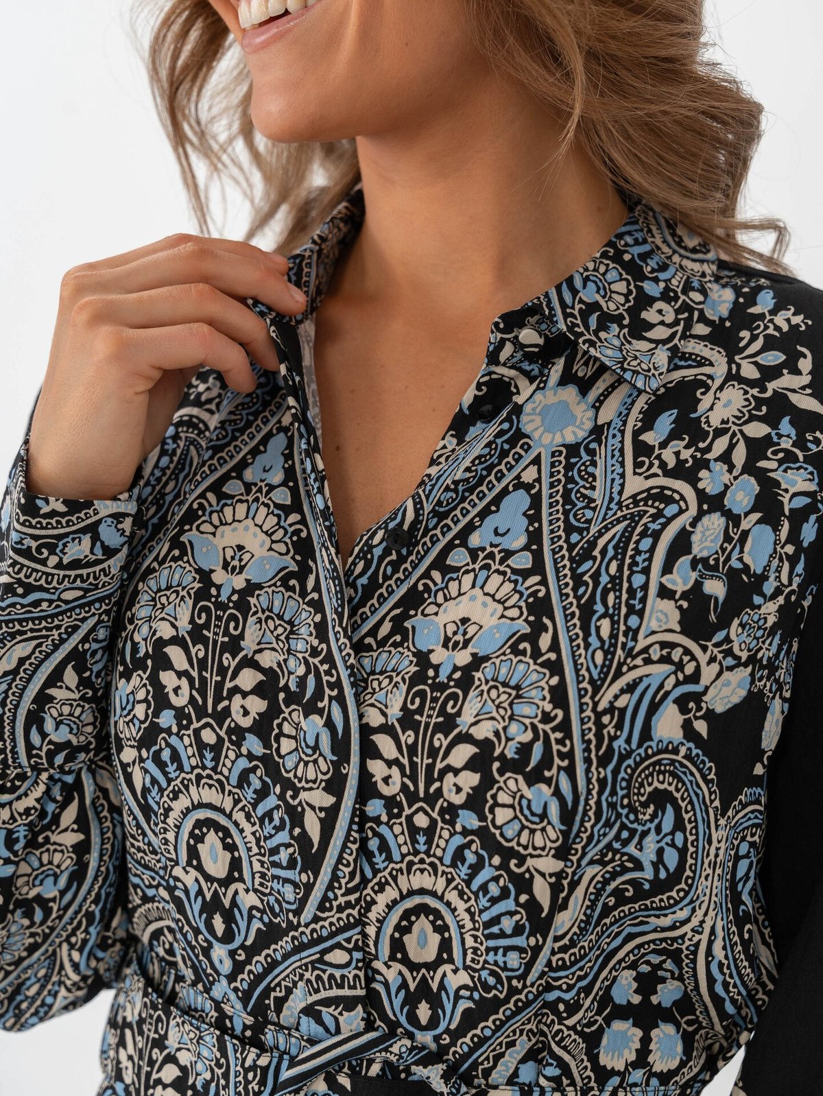 Y.A.S Birma Long Sleeve Long Shirt Dress Black Birma Print