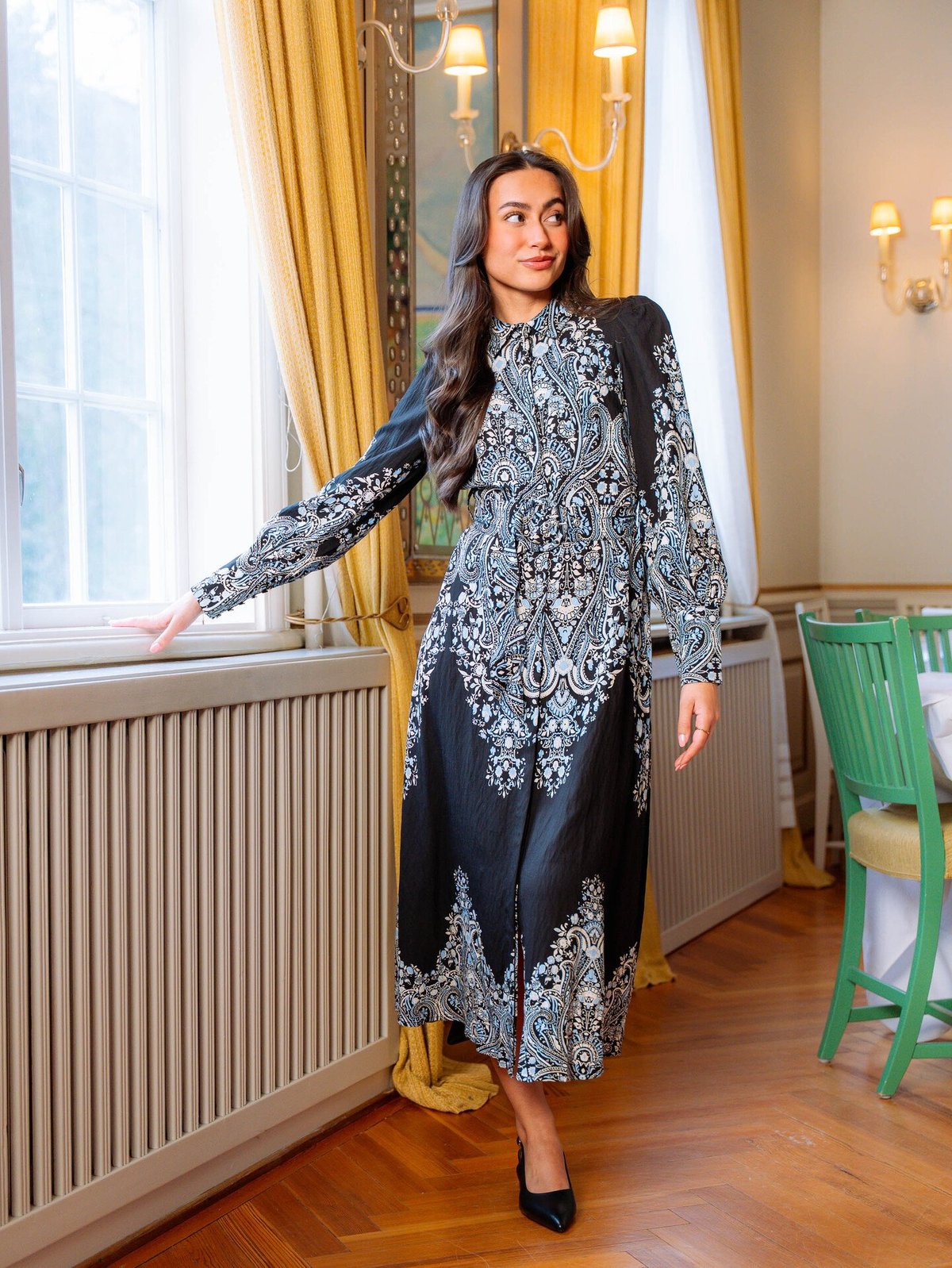 Y.A.S Birma Long Sleeve Long Shirt Dress Black Birma Print