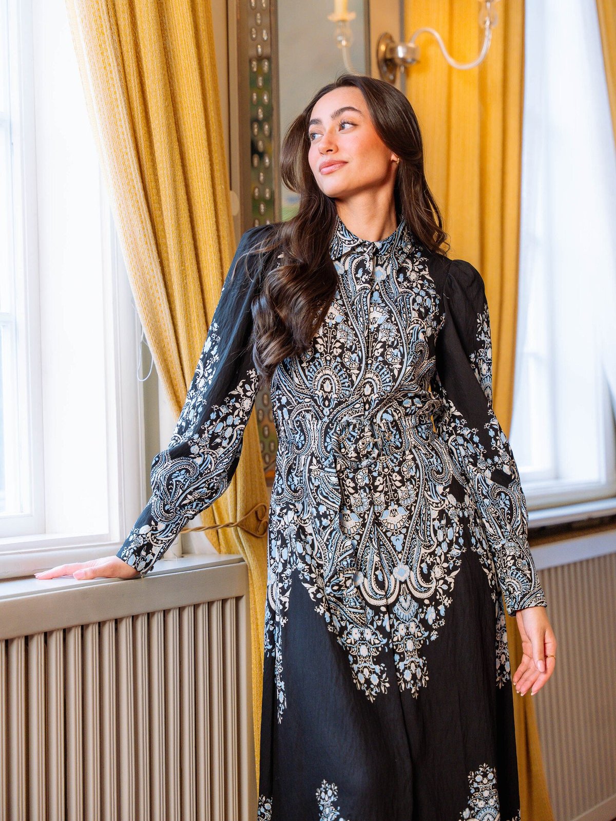 Y.A.S Birma Long Sleeve Long Shirt Dress Black Birma Print