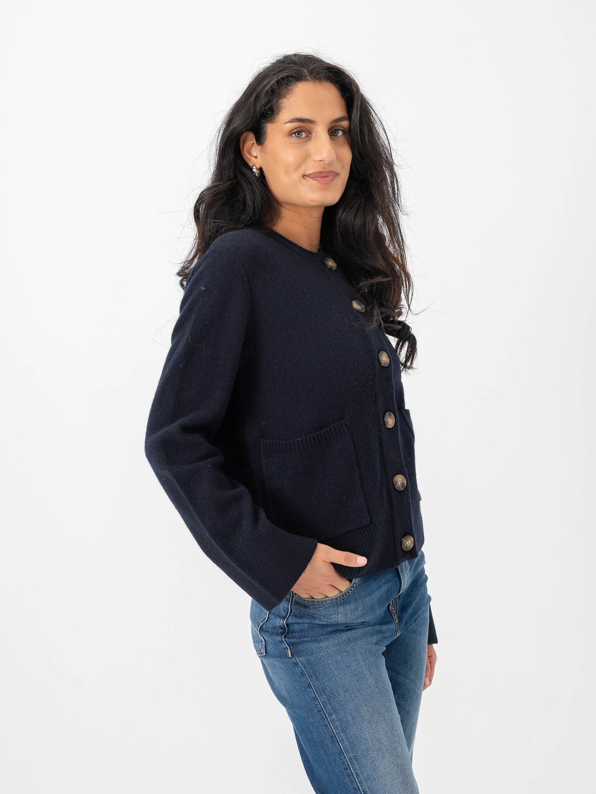 Y.A.S Nola Wool Long Sleeve Knit Cardigan Navy Blazer