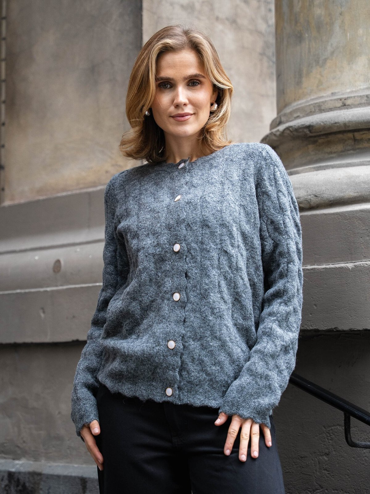 Y.A.S Bubera Long Sleeve Knit Cardigan Dark Grey Melange