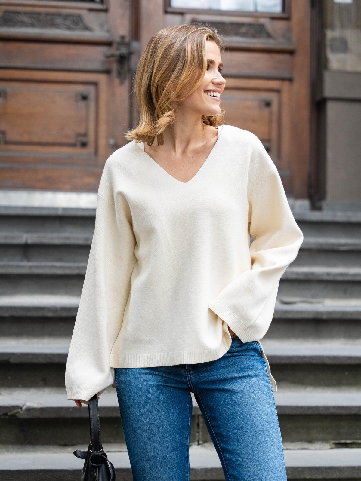 Y.A.S Elma Long Sleeve V-Neck Knit Pullover Birch