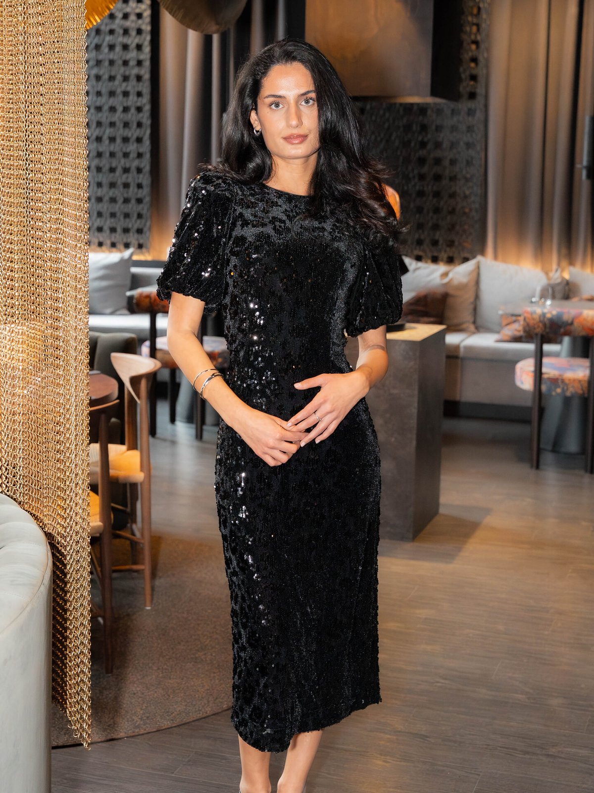 Y.A.S Sofie 2/4 Sequin Midi Dress Black with Sequins