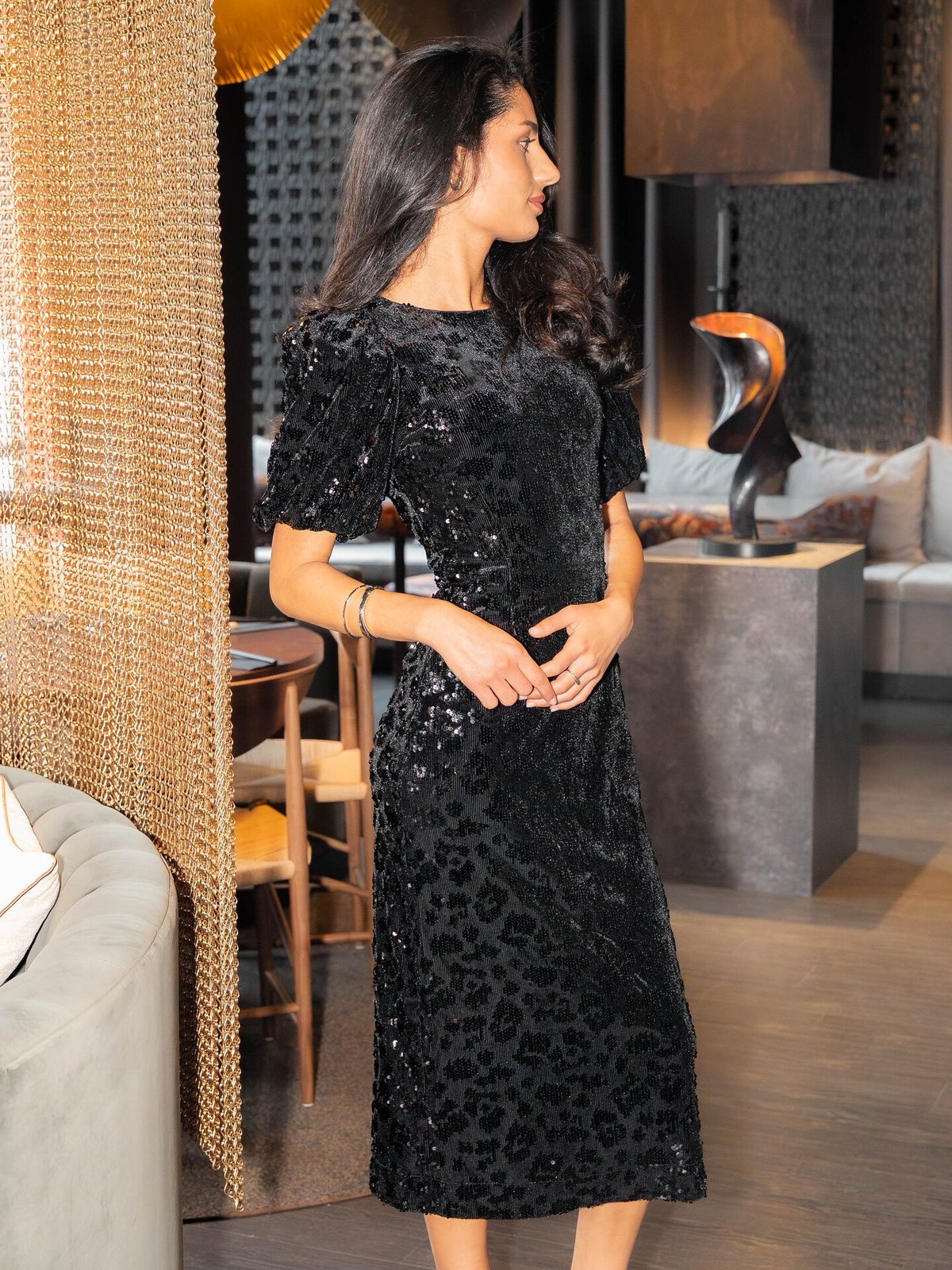 Y.A.S Sofie 2/4 Sequin Midi Dress Black with Sequins