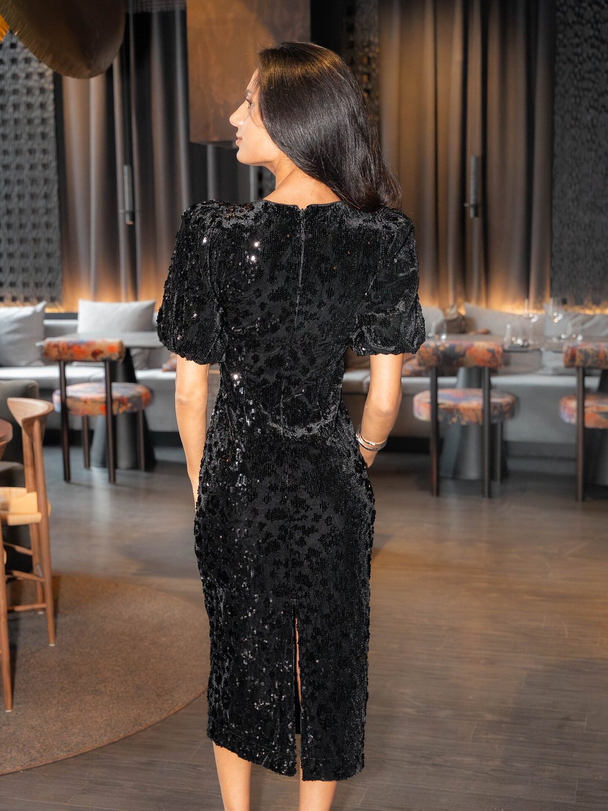 Y.A.S Sofie 2/4 Sequin Midi Dress Black with Sequins