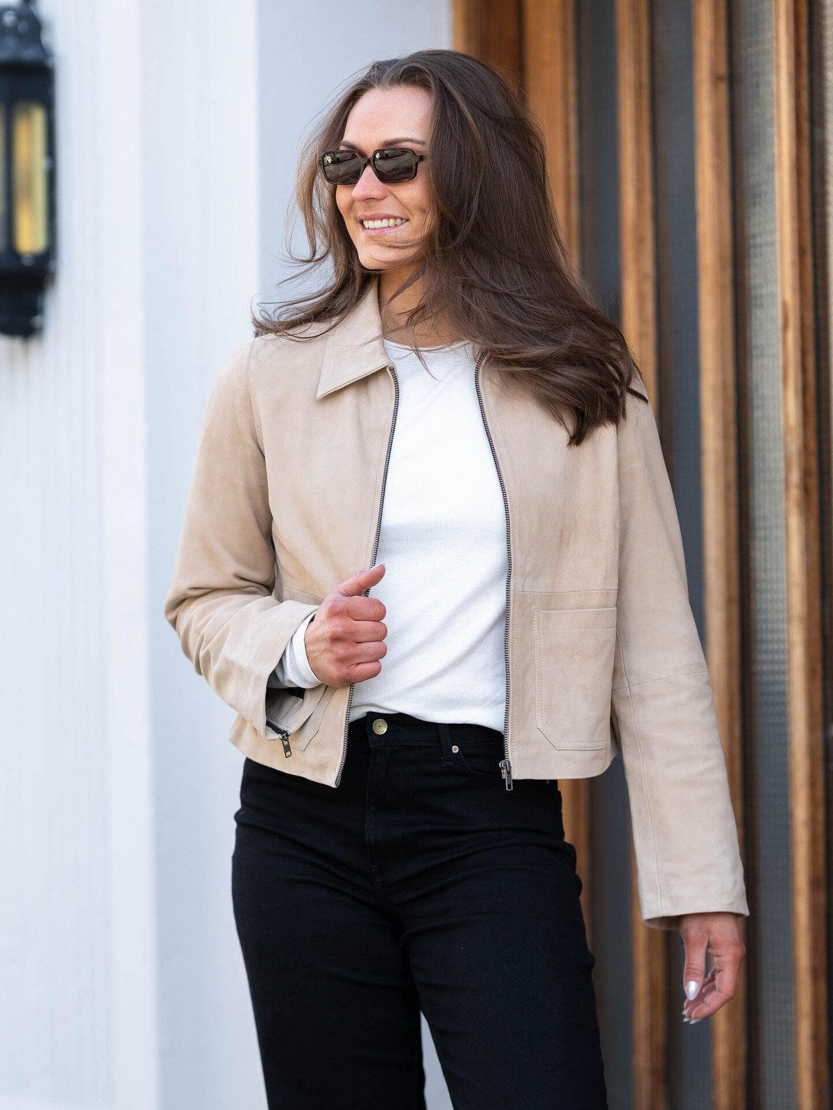 Y.A.S Sapera Long Sleeve Leather Jacket Beige