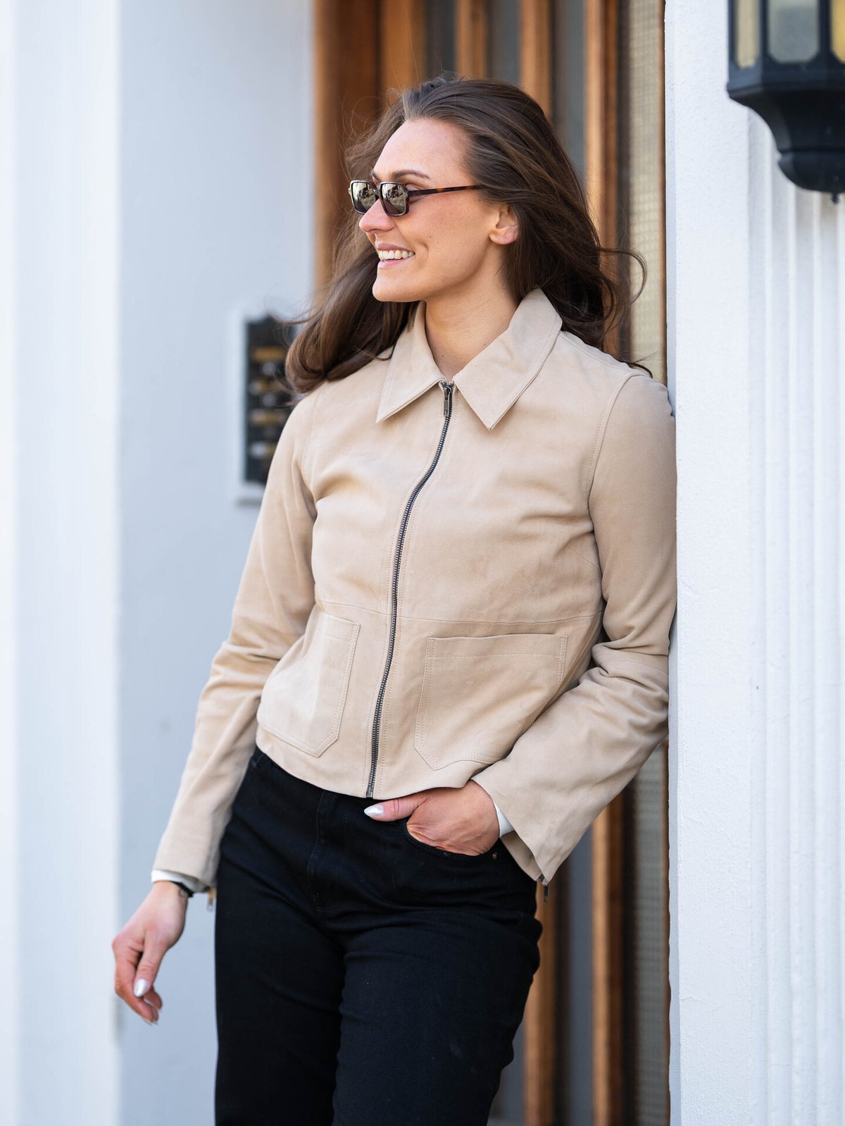 Y.A.S Sapera Long Sleeve Leather Jacket Beige