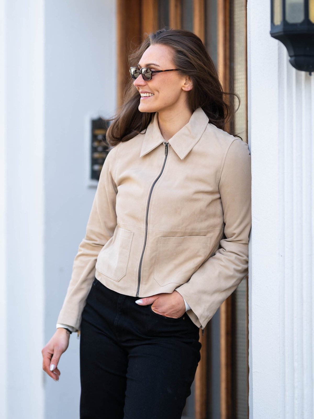 Y.A.S Sapera Long Sleeve Leather Jacket Beige