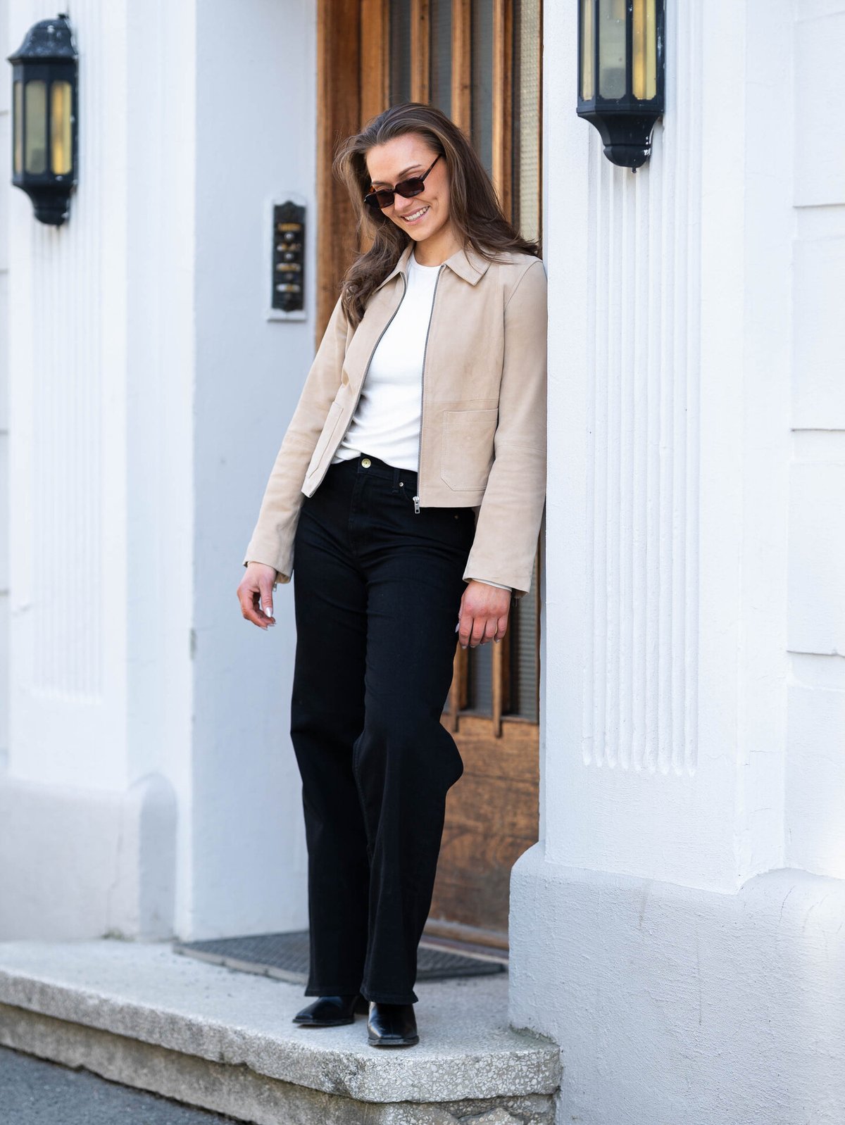 Y.A.S Sapera Long Sleeve Leather Jacket Beige