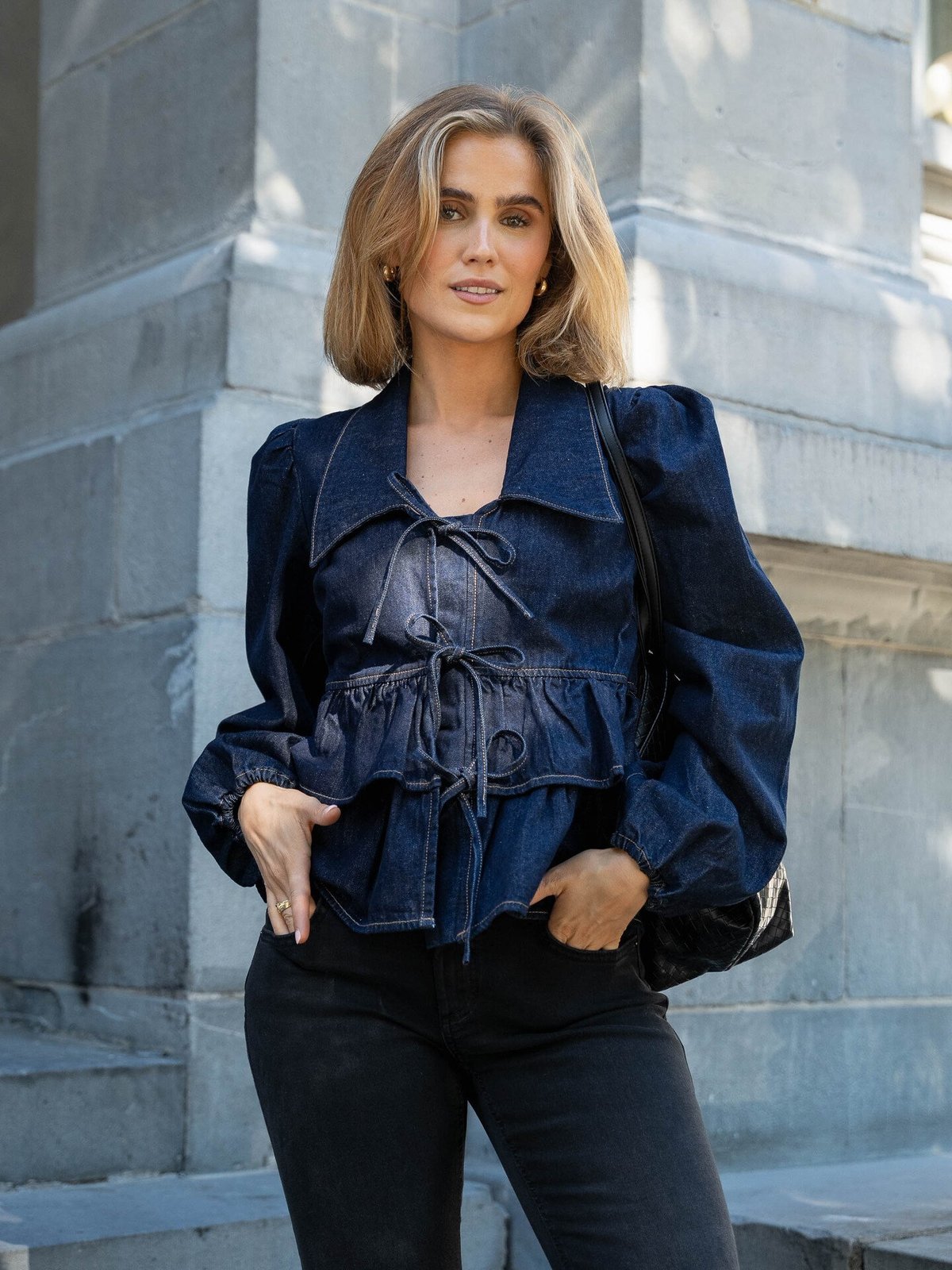 Y.A.S Celina Long Sleeve Denim Tie Top Dark Blue Denim