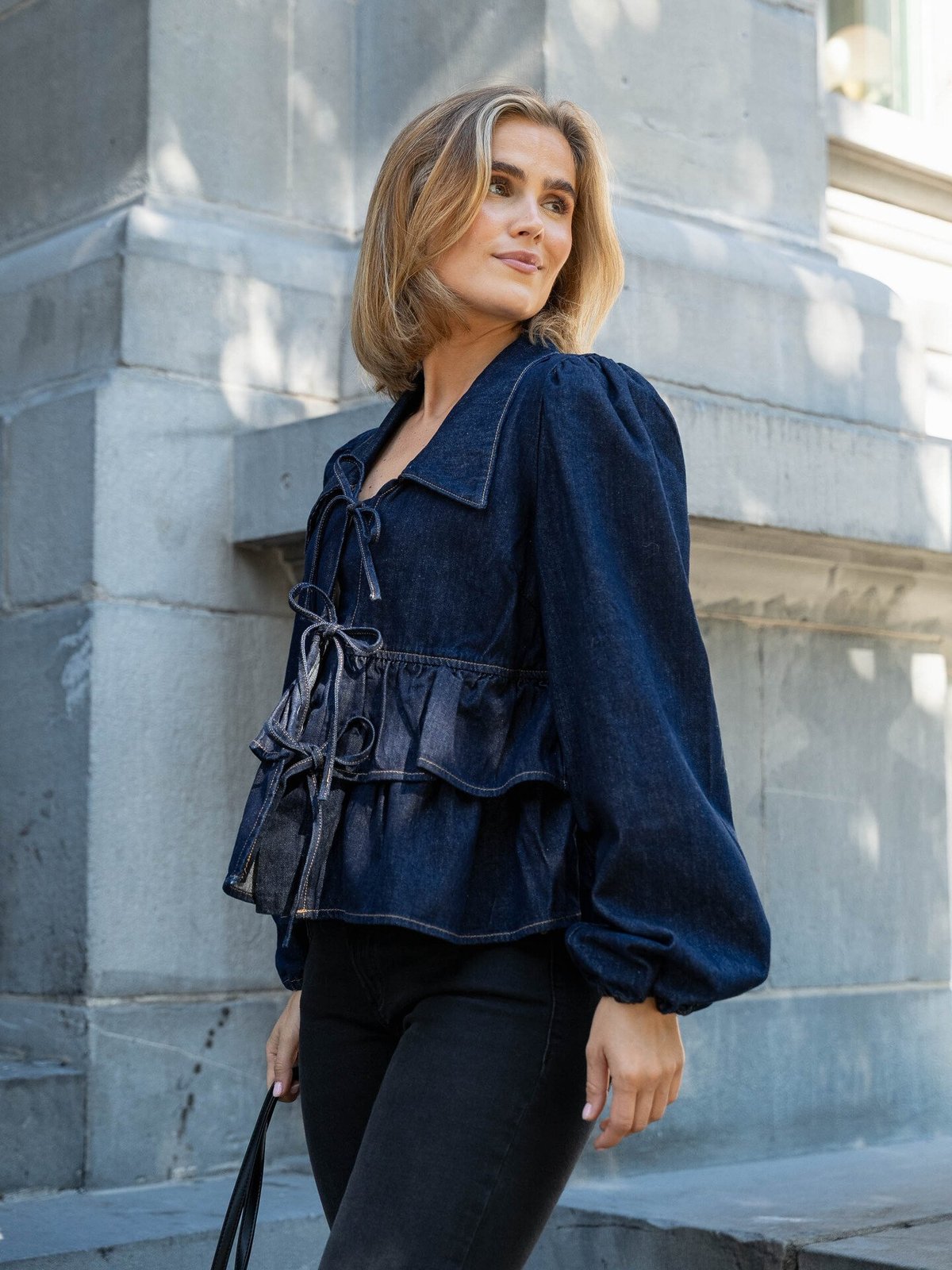 Y.A.S Celina Long Sleeve Denim Tie Top Dark Blue Denim