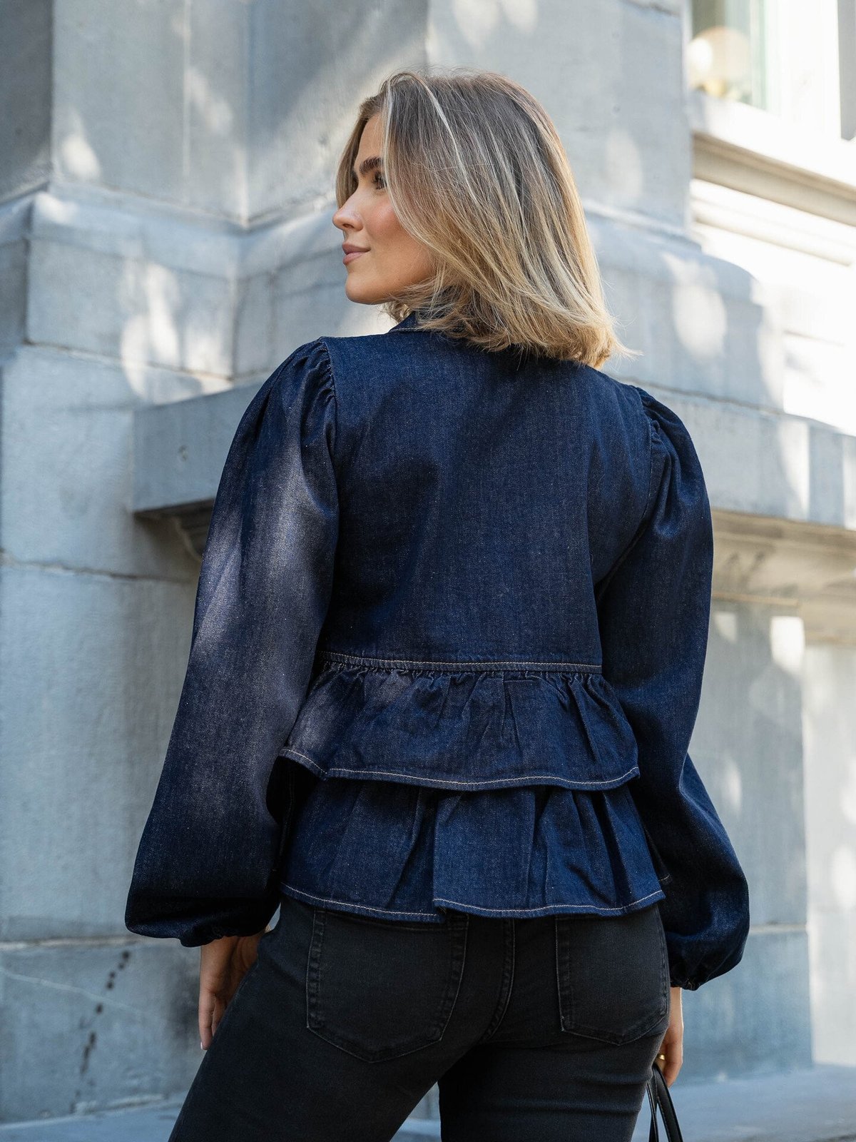 Y.A.S Celina Long Sleeve Denim Tie Top Dark Blue Denim