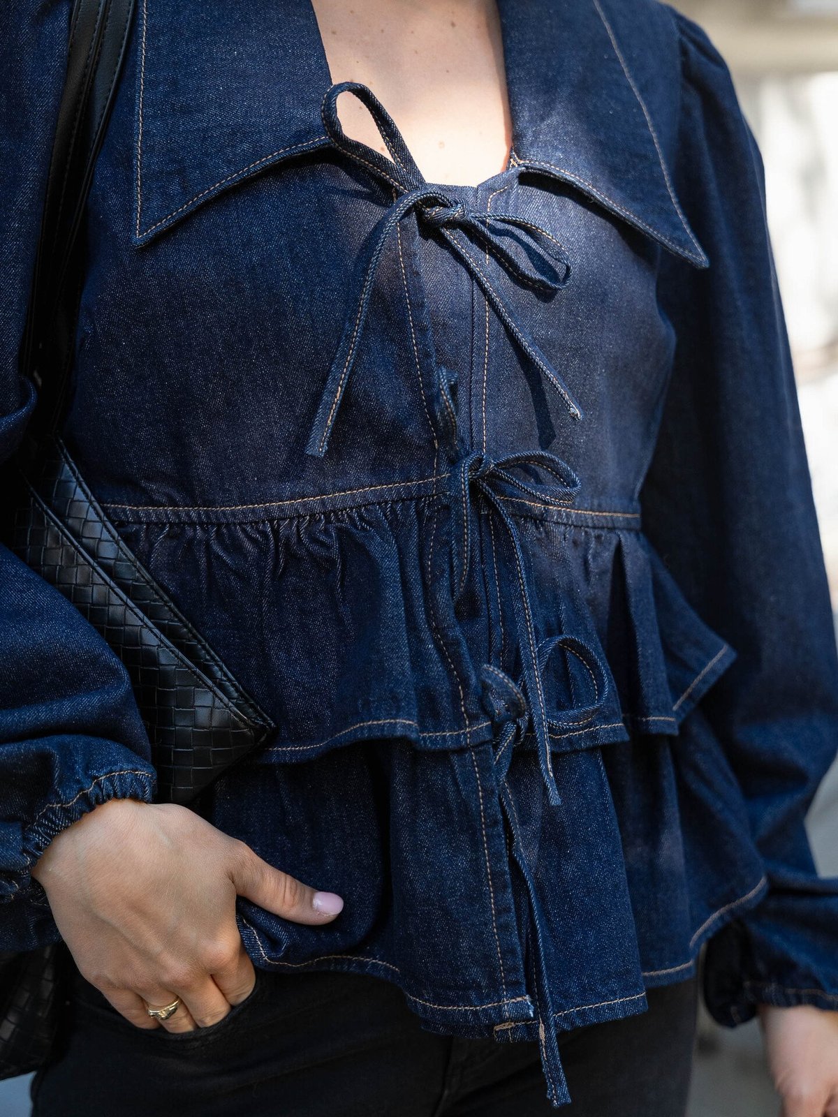 Y.A.S Celina Long Sleeve Denim Tie Top Dark Blue Denim