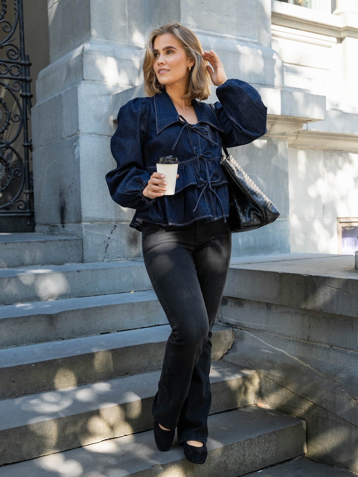 Y.A.S Celina Long Sleeve Denim Tie Top Dark Blue Denim