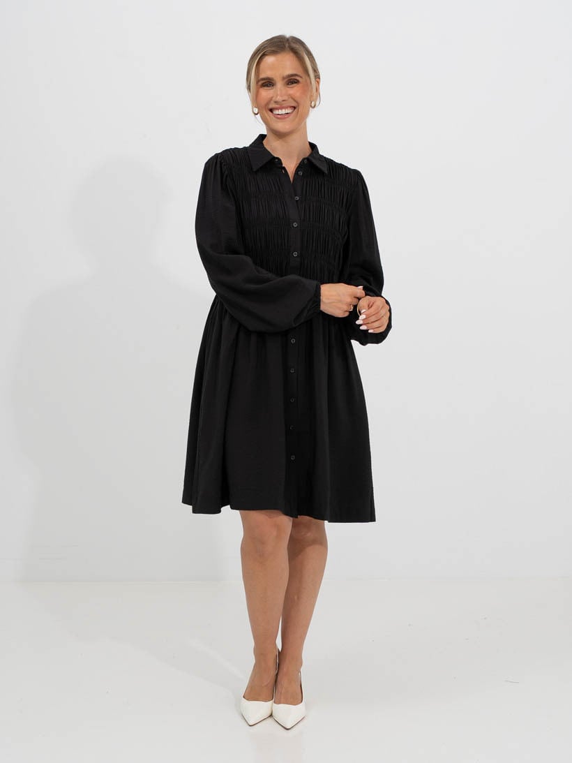 Y.A.S Pala Long Sleeve Smock Shirt Dress Black