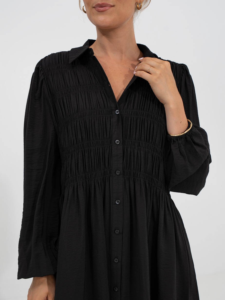 Y.A.S Pala Long Sleeve Smock Shirt Dress Black