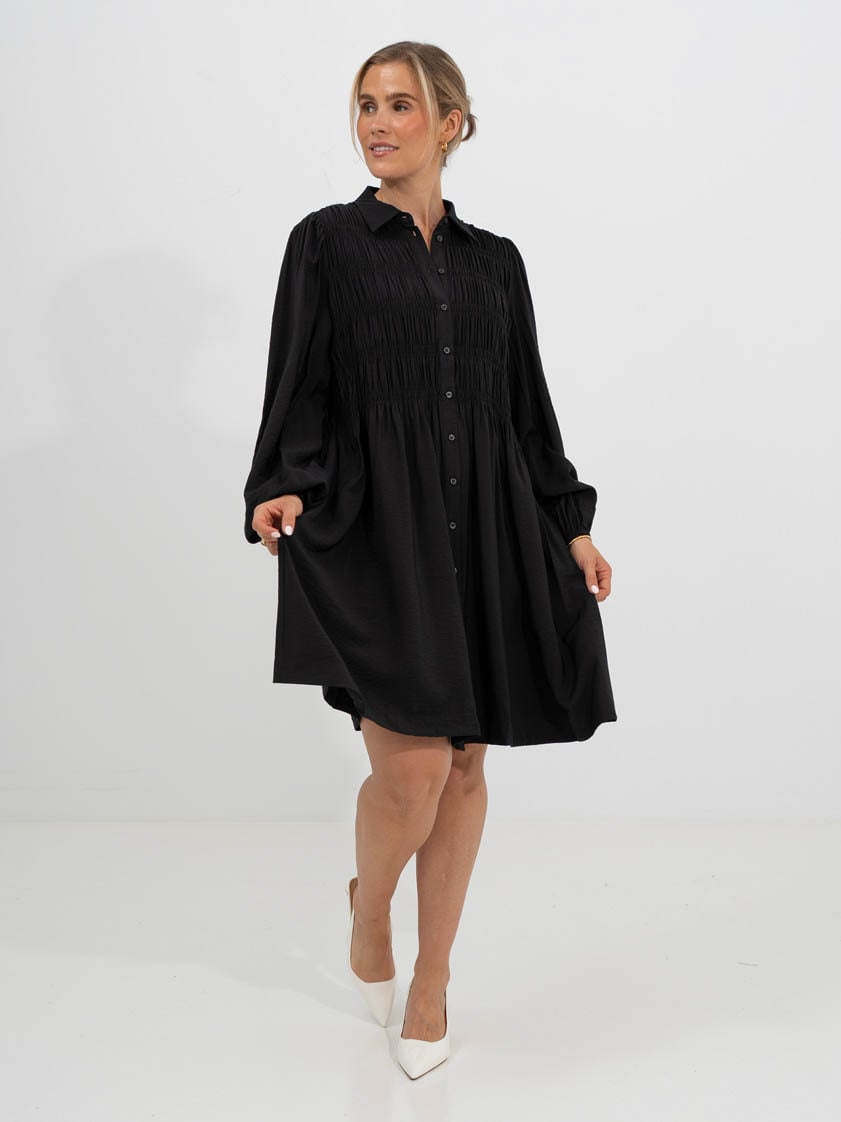 Y.A.S Pala Long Sleeve Smock Shirt Dress Black