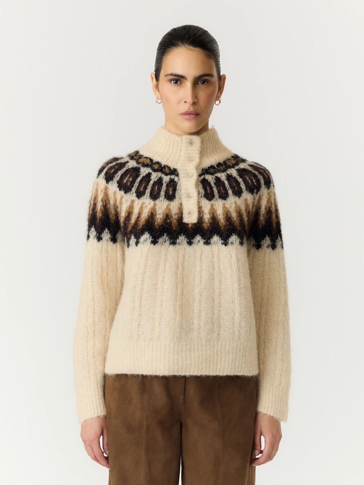 Y.A.S Domina Long Sleeve Wool Blend Knit Wood Ash W. Dijon/Shaved Chocolate