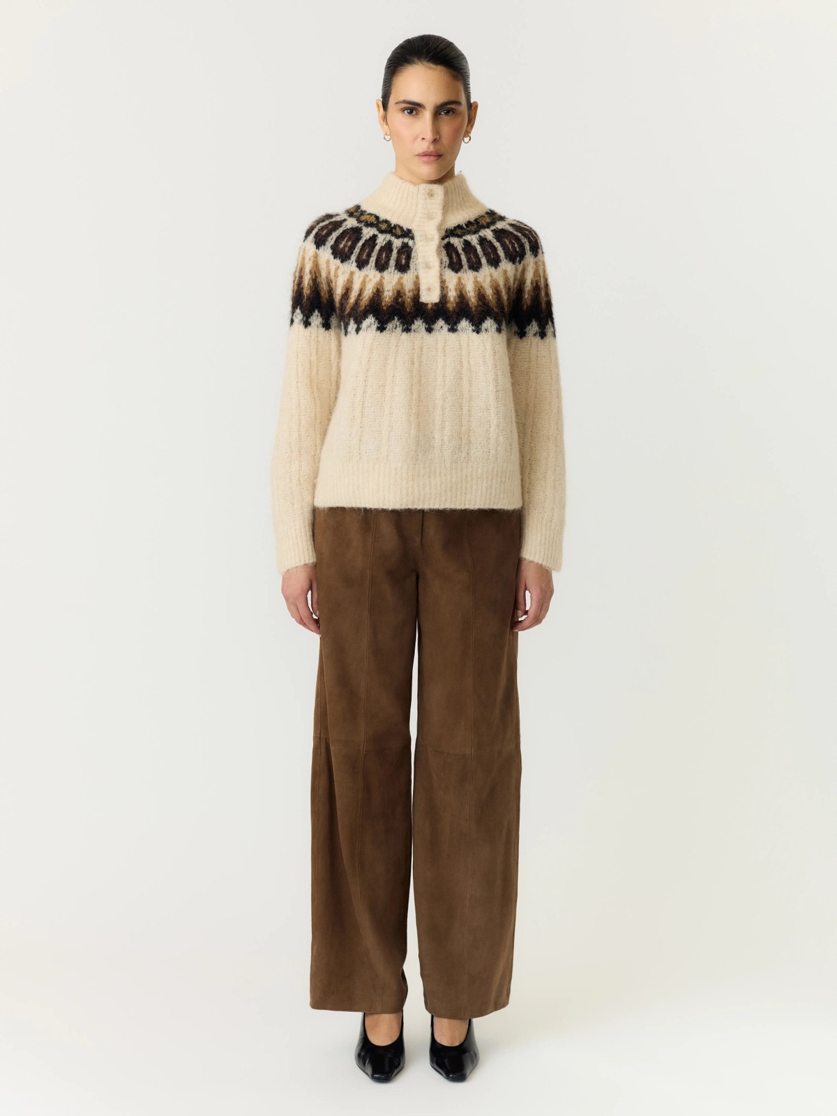 Y.A.S Domina Long Sleeve Wool Blend Knit Wood Ash W. Dijon/Shaved Chocolate