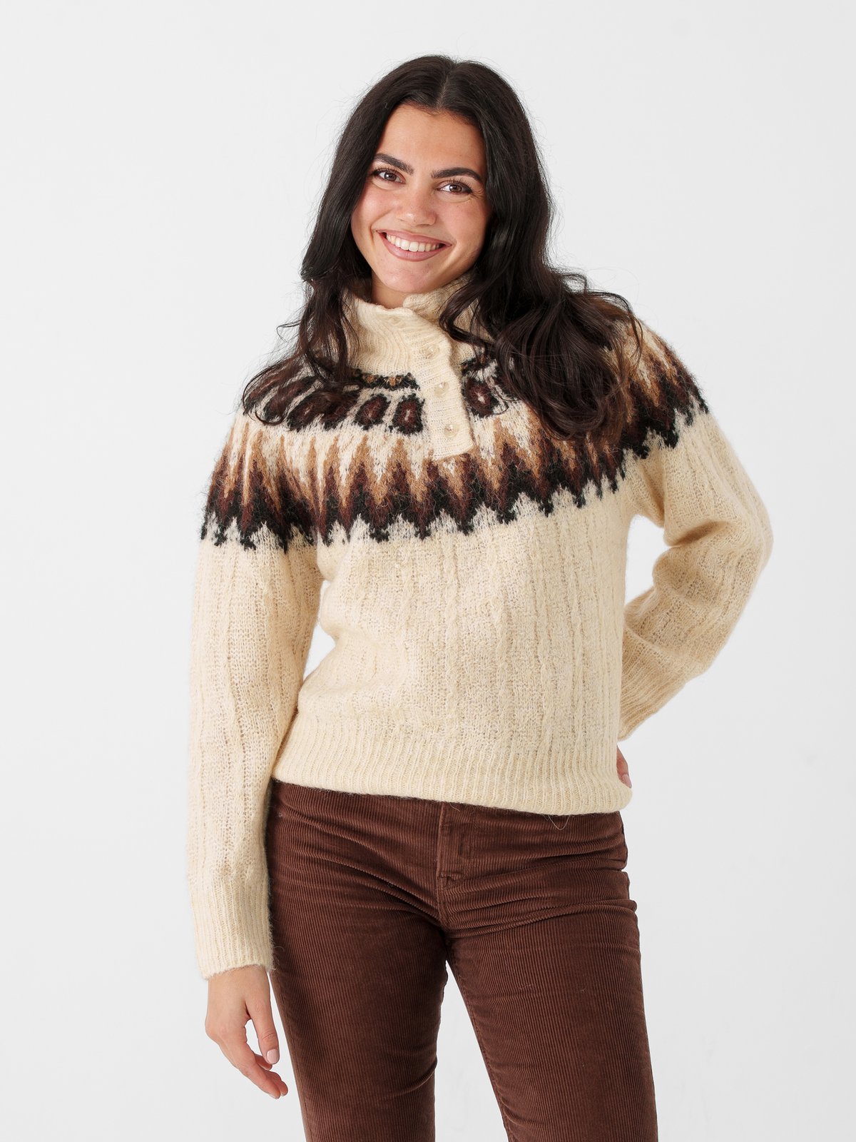 Y.A.S Domina Long Sleeve Wool Blend Knit Wood Ash W. Dijon/Shaved Chocolate