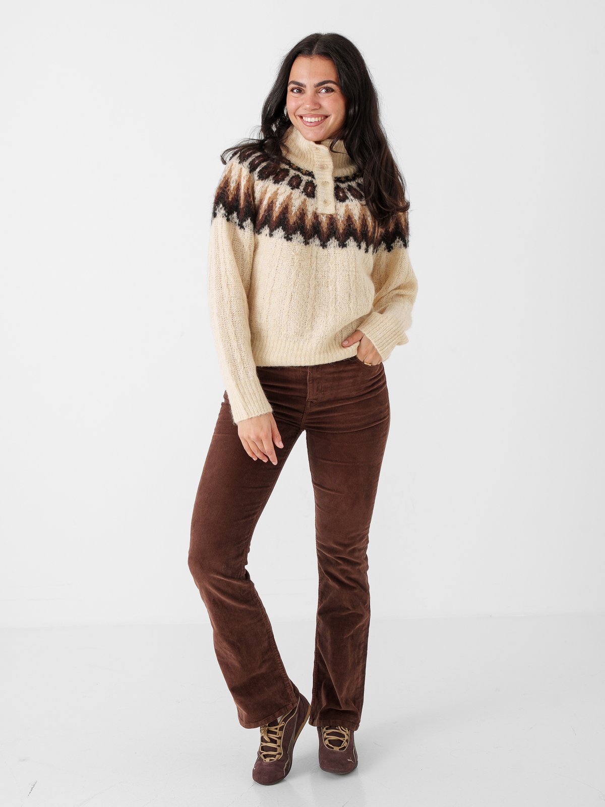 Y.A.S Domina Long Sleeve Wool Blend Knit Wood Ash W. Dijon/Shaved Chocolate