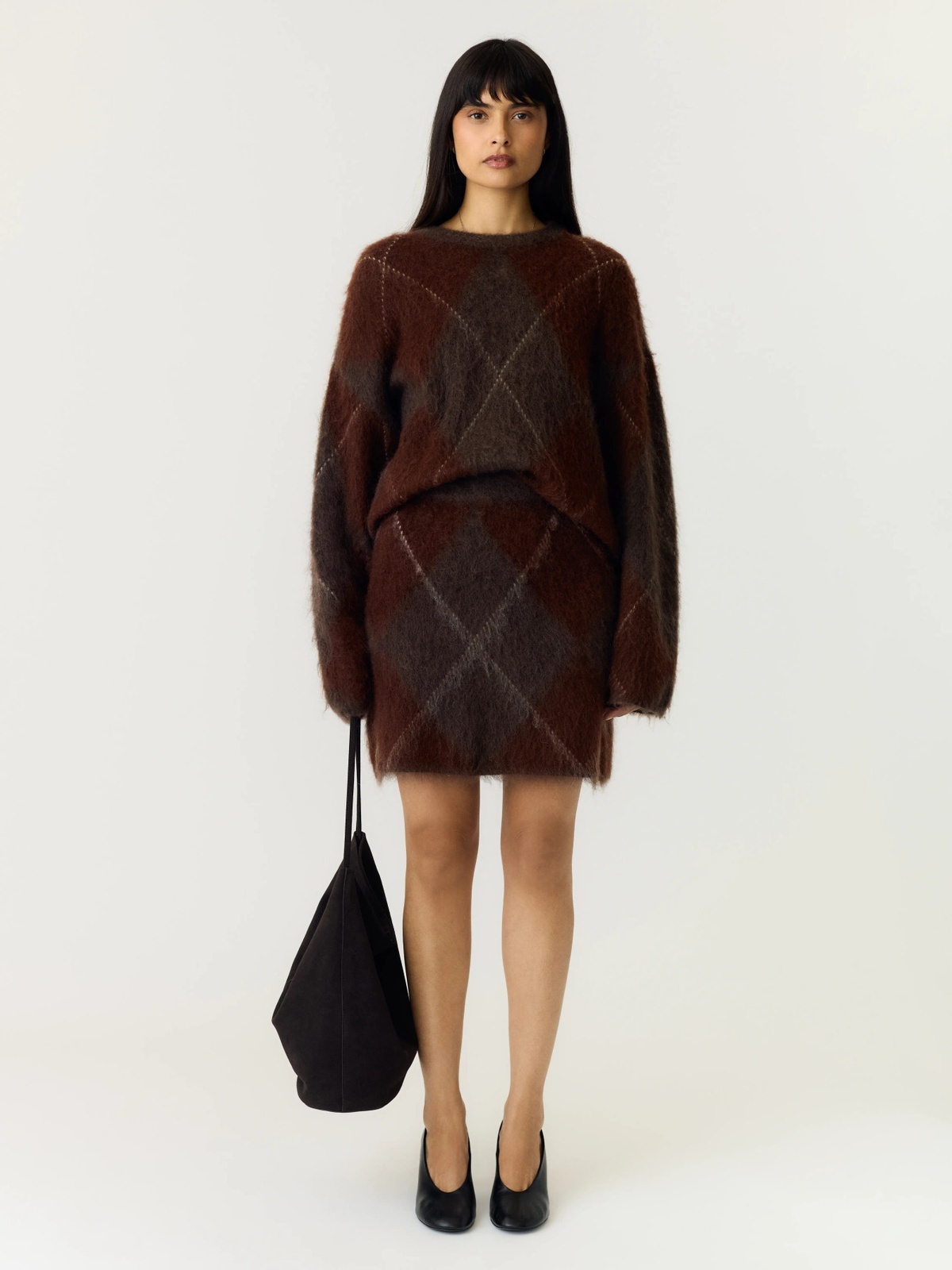 Y.A.S Argy Long Sleeve Mohair Blend Knit Pullover Coffee Bean incence/sepia/oatmeal