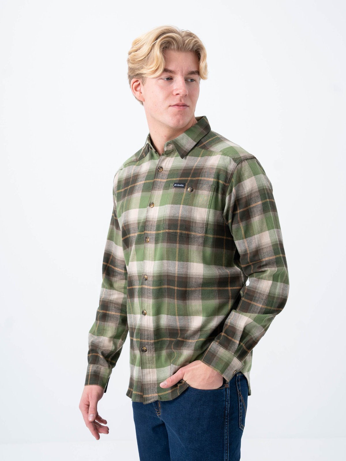 Columbia Cornell Woods Flannel Long Sleeve Stone Green Classic Multi Tartan
