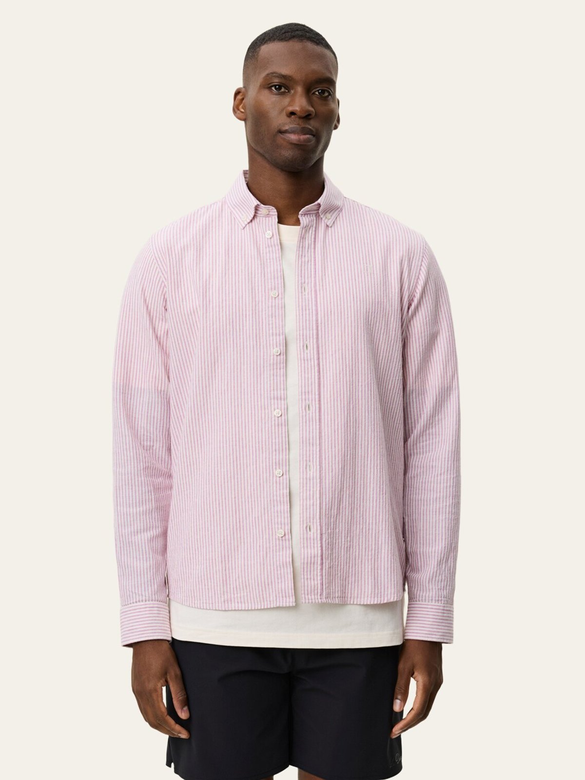 Les Deux Konrad Stripe Cotton Linen Shirt Crocus Pink