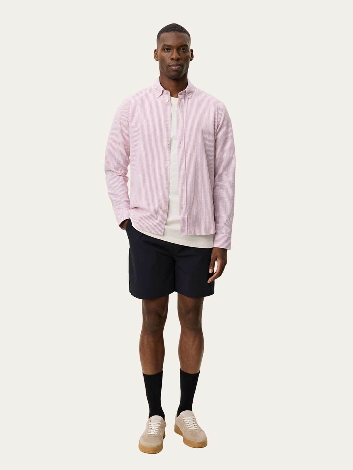 Les Deux Konrad Stripe Cotton Linen Shirt Crocus Pink
