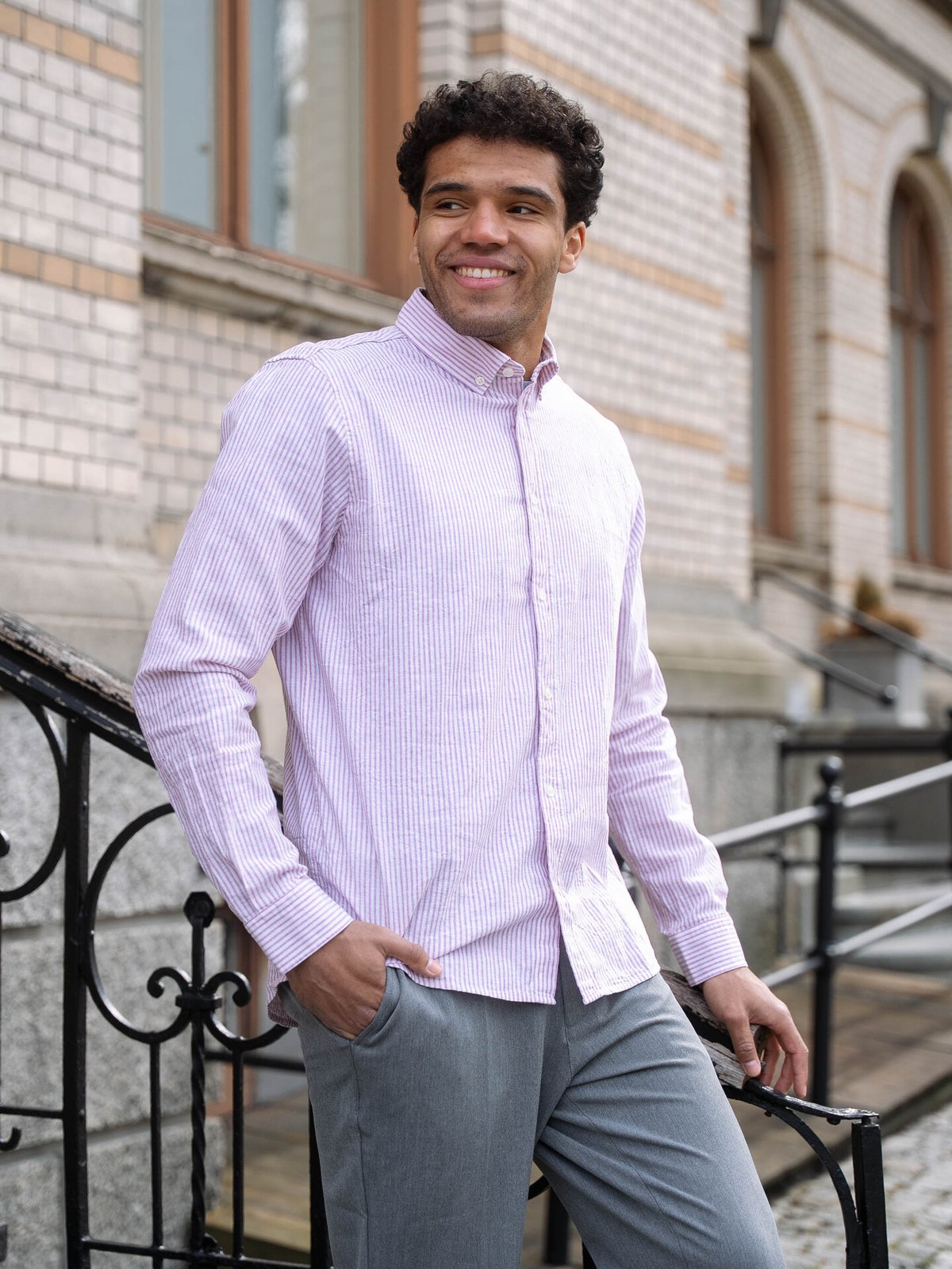 Les Deux Konrad Stripe Cotton Linen Shirt Crocus Pink