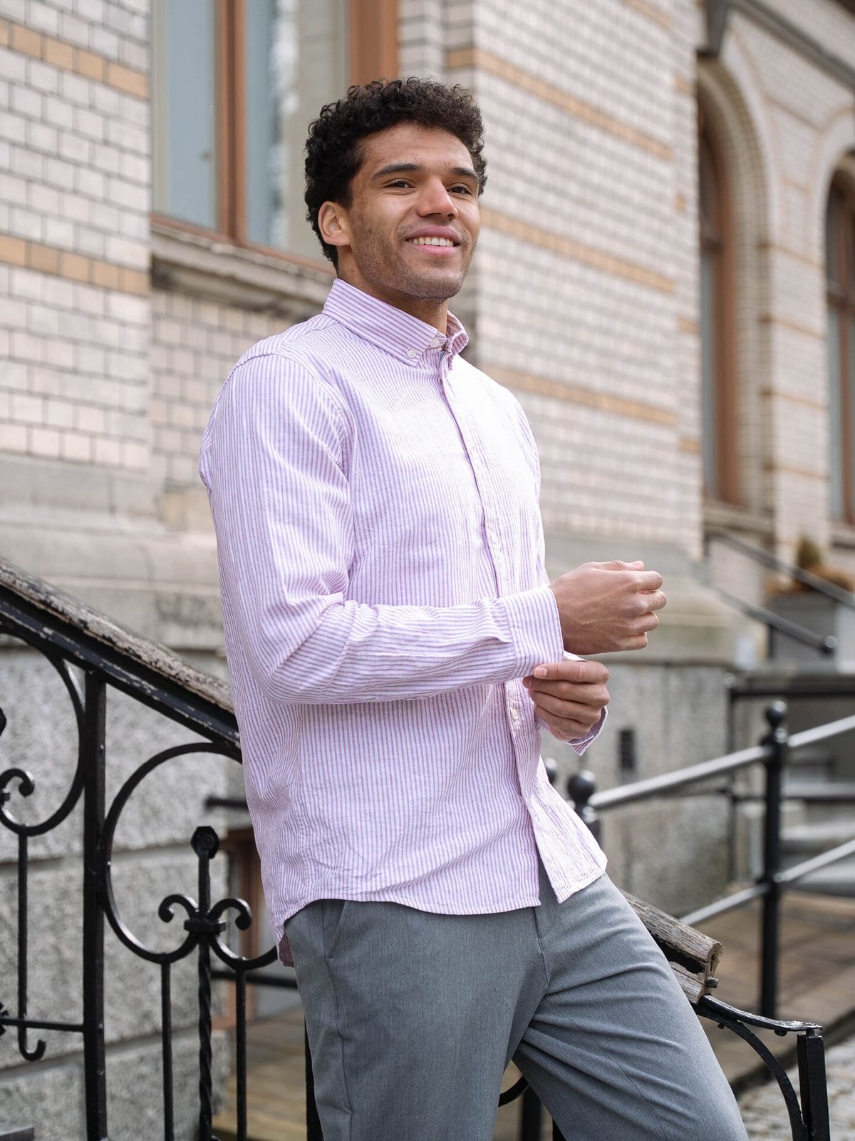 Les Deux Konrad Stripe Cotton Linen Shirt Crocus Pink